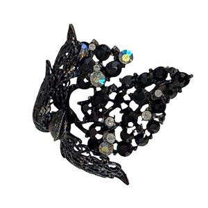 Vintage Black Rhinestone Bow Leaf Brooch Gothic Sparkle Aurora Borealis